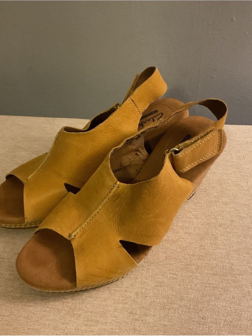 Clarks Yellow Suede Peep-Toe Slingback Wedge Sandals